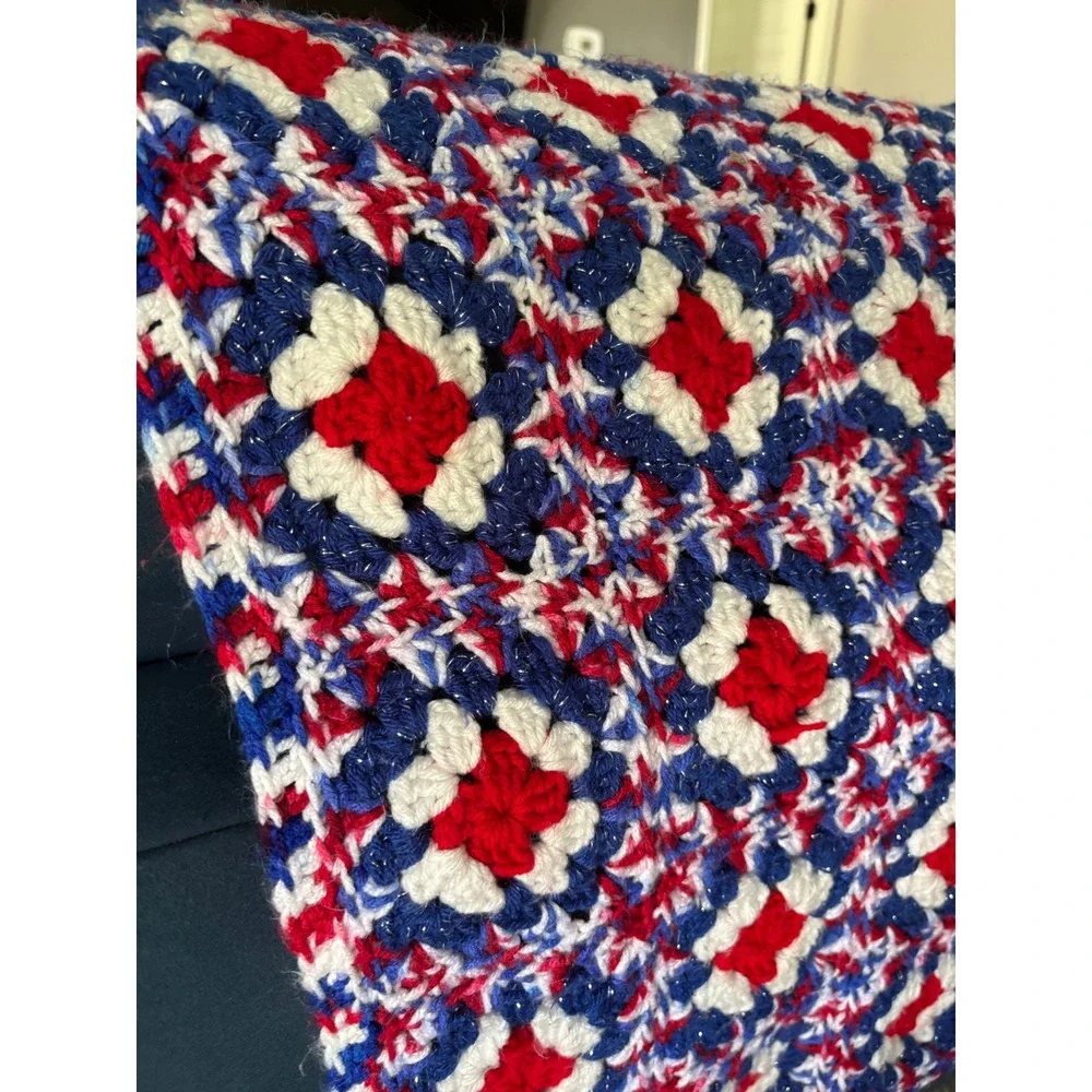 Vintage Handmade Crochet Granny Square Blanket Red White Blue Sparkle 41x30